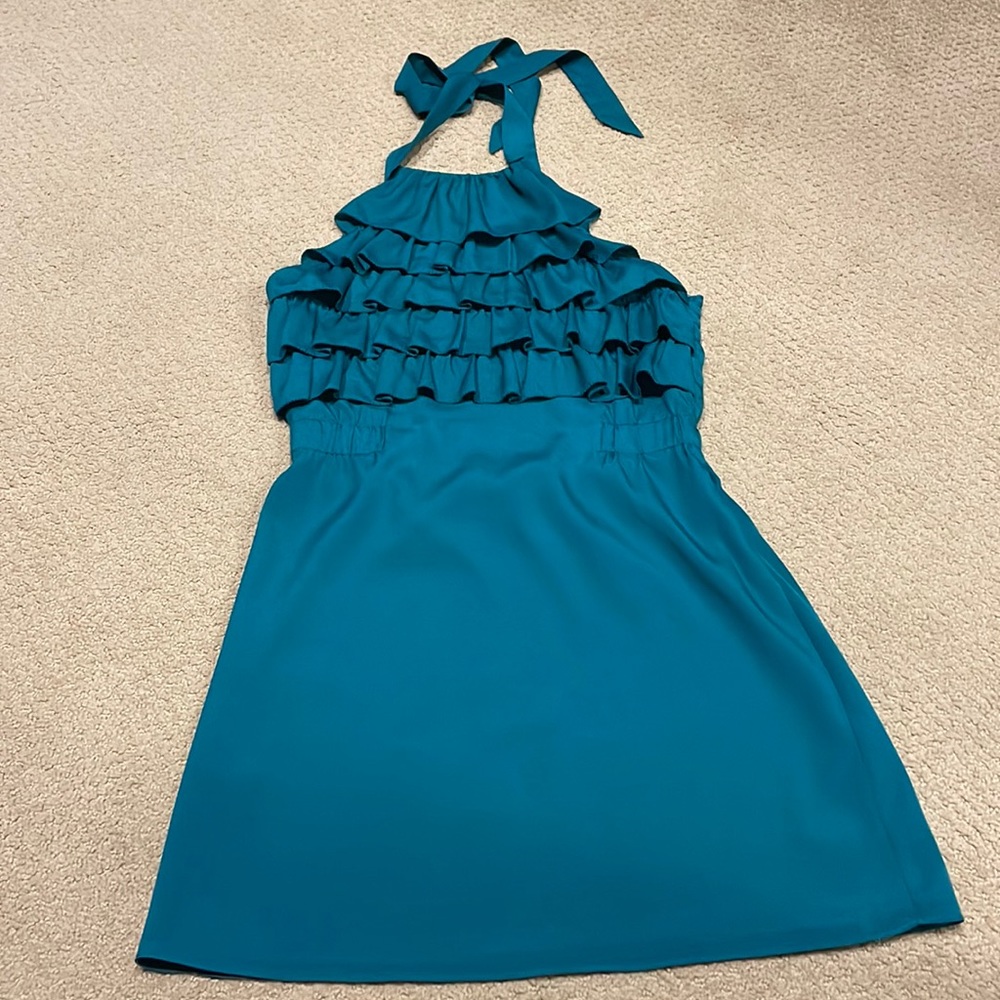 Teal halter dress with ruffle top